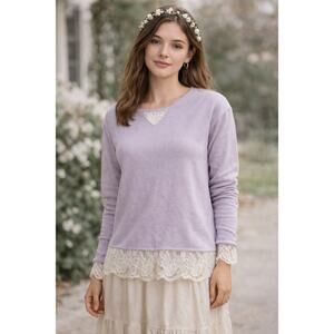 NWT Arizona Jean Co Lavender Lace Trim Top Fairycore Pastel Soft Knit Large